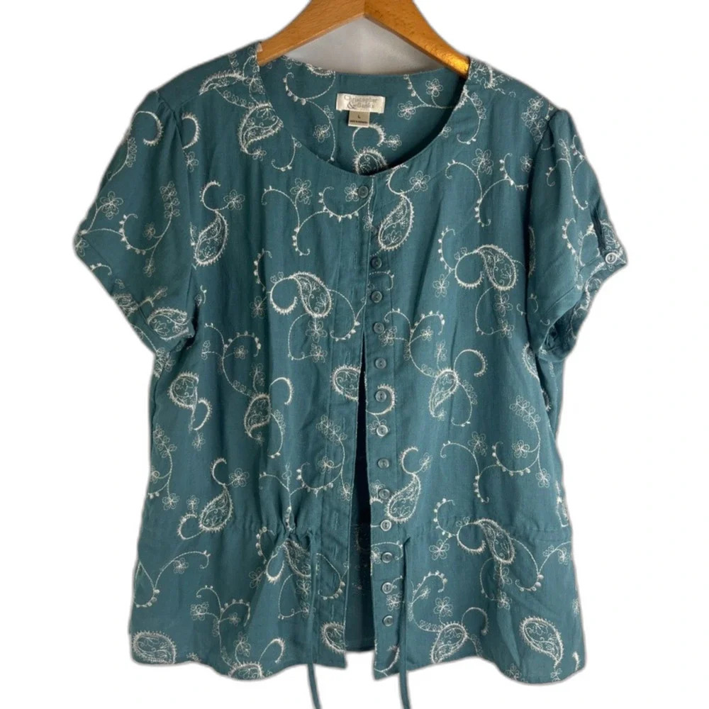 Christopher & Banks Teal Embroidered Button Front Drawstring Waist Top Sz LG